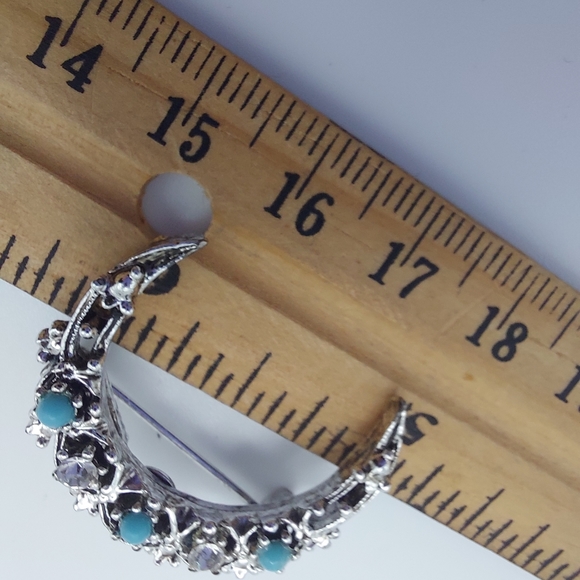 Vintage Silvertone Brooch w/ Clear Rhinestones & Turquoise Beads. VGC & Pretty! - Picture 11 of 11